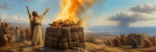 Elijah beside a water-soaked altar consumed by fire as rain gathers over the sea